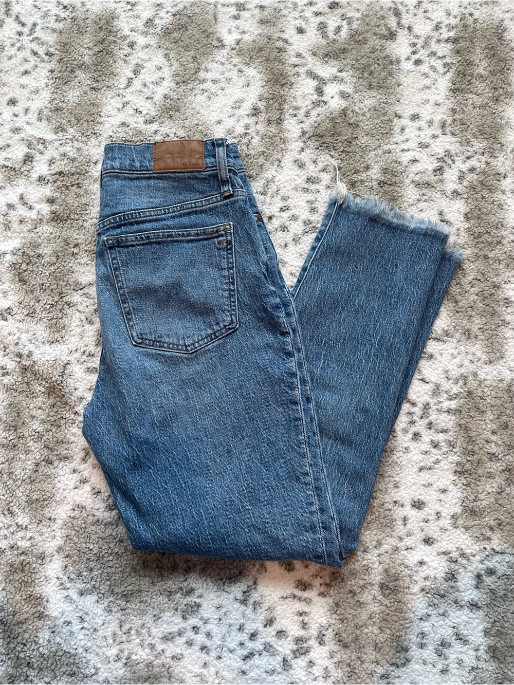 Madewell High-Rise Straight Jeans in Medium Blue with Raw Hem
